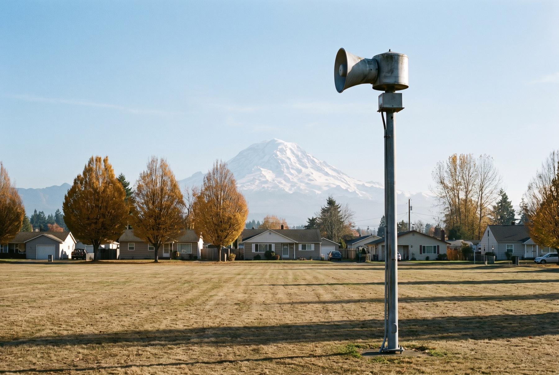 A horn-style warning siren on a metal pole in a dry autumn field on the valley floor, a row of single-story homes and yellowing trees behind, Mount Rainier rising close beyond